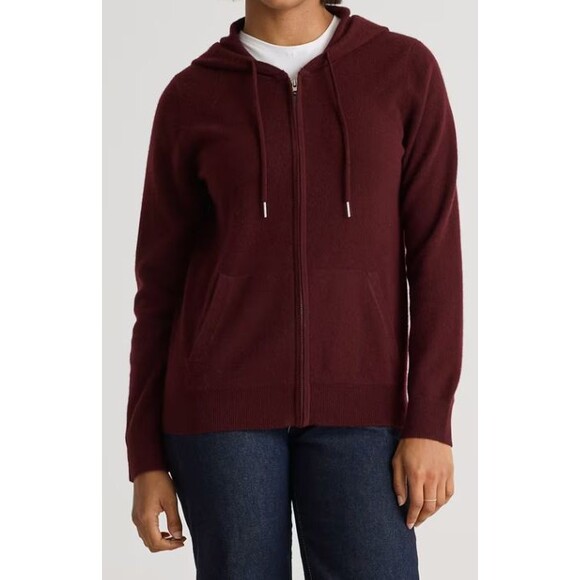 Quince 100% Mongolian Cashmere Full Zip Hoodie Sweater Medium NWT Rich Burgundy - Picture 2 of 14